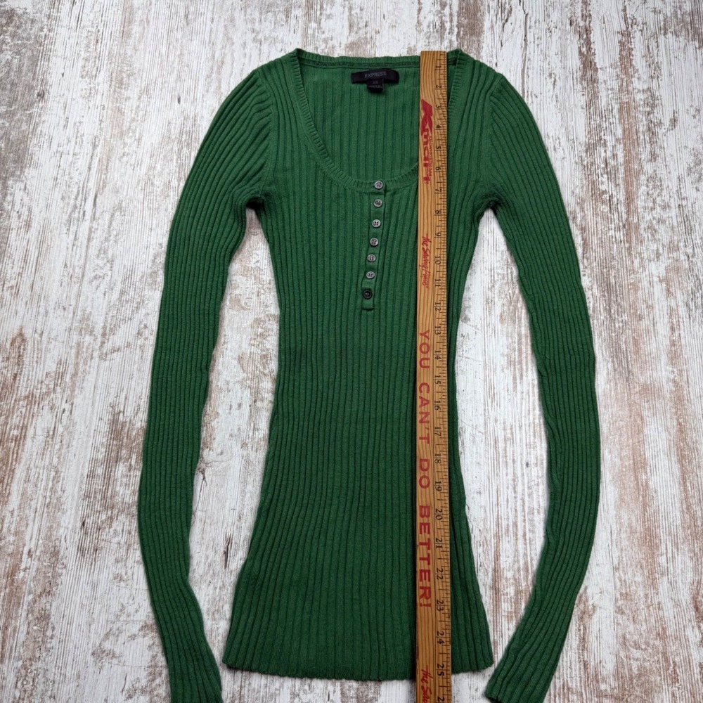 VTG Y2K Express Green Ribbed Henley Scoop Neck Long Sleeve Top Size XS Fitted - Picture 5 of 8